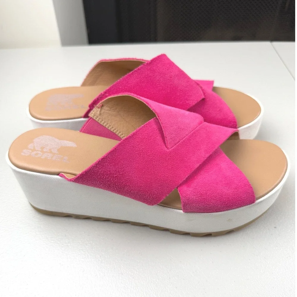 Sorel Cameron Flatform Slide Sandals Fuchsia Pink Suede NL4978-650 Womens 8